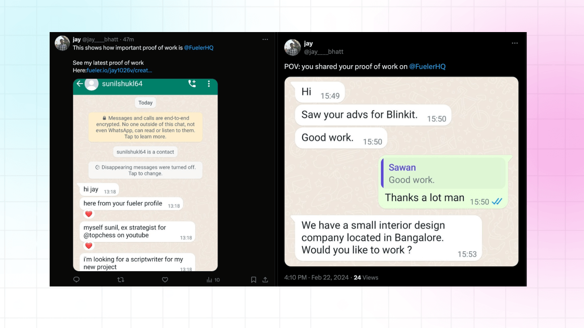Cold DM on WhatsApp from Fueler Portfolio