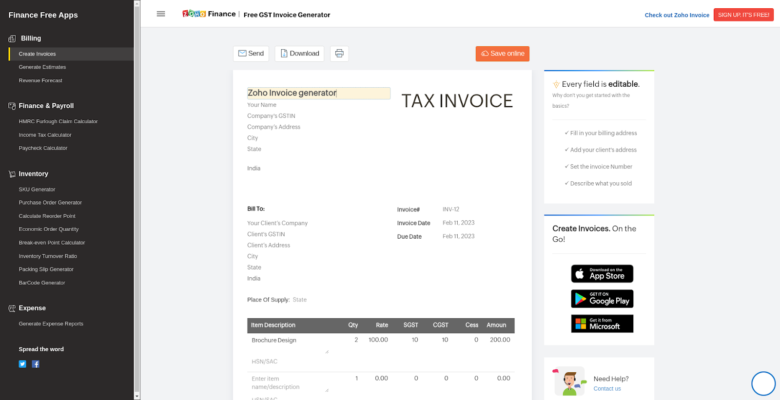 Zoho Invoice generator website